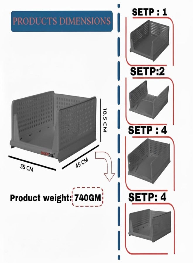 MECHDEL Wardrobe Organizer for Storage/Polypropylene Foldable & Stackable Closet Basket/Cupboard Organizer for Clothes/Mounted Closet Systems (FOLDABLE BASKET-GREY, 6PCS) - Image 2